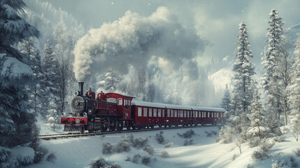 Cartone animato di un treno che viaggia nella neve. Inverno. Natale.