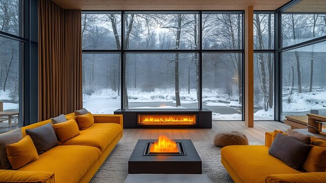 Cozy modern room with a fireplace, during evening