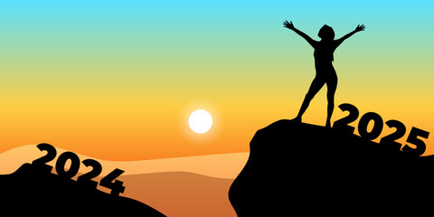 Vector illustration of woman standing on a cliff with open arms showing the concept of 2024 end and 2025 start