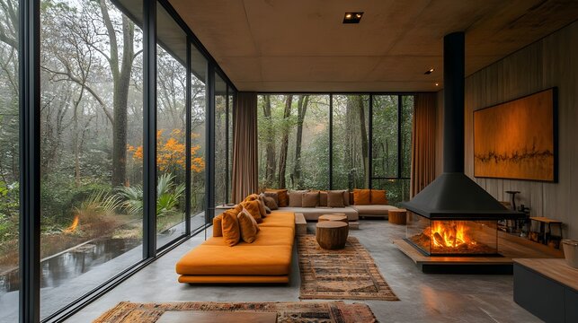 Cozy modern room with a fireplace, during evening