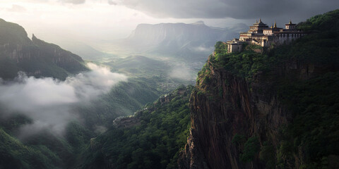 A dramatic cliffside monastery perched on a high peak, with mist rolling through the valley below, and the first light of dawn casting a serene glow. The spiritual and breathtaking setting feels