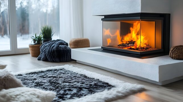 Cozy modern room with a fireplace, during evening