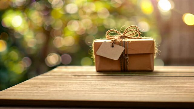 Beautifully Wrapped Gift Box with Tag on Wooden Table, Surrounded by Greenery and Sunlight, Creating Cheerful Atmosphere for Celebrations and Bokeh Effects.