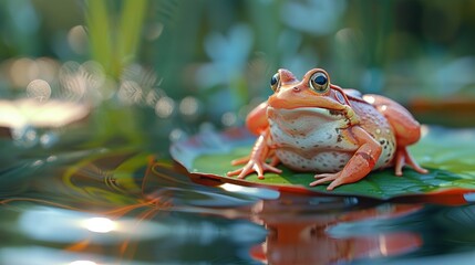 A vibrant frog resting on a lily pad in a tranquil pond.