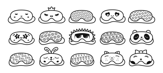 Set of sleep eye masks. Collection of funny outline black and white night accessories for sleeping. Vector illustration.