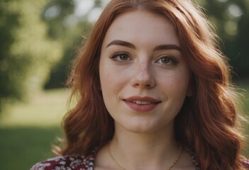 Naklejka premium A woman with red hair is wearing a beautiful necklace and dress