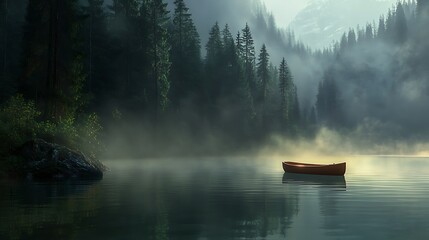 Obraz premium Serene sunrise over misty lake with wooden canoe.