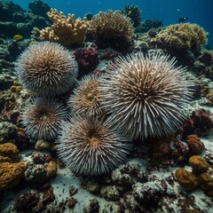 Obraz premium A group of sea urchins clinging to coral.