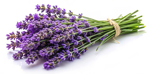 A bouquet of freshly harvested lavender is tied with twine. The vibrant purple flowers contrast beautifully with the green stems, showcasing the natural beauty and aroma of lavender