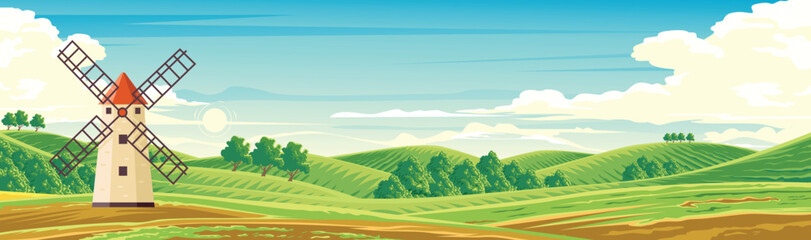 Traditional windmills stand on rolling green hills.