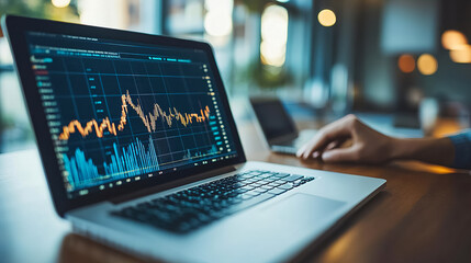 Analysis of financial data on a laptop with fluctuating stock market graphs displayed. Generative AI