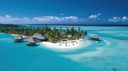 Obraz premium Aerial view of tranquil tropical island with clear blue waters, palm trees, and overwater bungalows, creating serene paradise for relaxation and escape