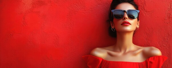 Fototapeta premium Stylish woman in red dress and sunglasses against a bold red background, AI