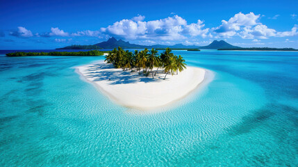 Fototapeta premium Aerial view of tranquil tropical island with clear blue waters, white sand, and lush palm trees, creating serene paradise