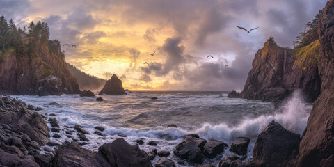 Obraz premium A dramatic coastline at sunrise, with steep cliffs dropping into the ocean, waves crashing against the rocks, and seagulls soaring in the glowing sky. The majestic and wild setting feels invigorating.