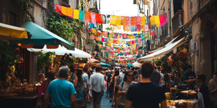 Fototapeta A bustling Italian street during a festival, with colorful banners hanging above, people dancing to traditional music, and an abundance of food and wine being shared. The vibrant and joyous atmosphere