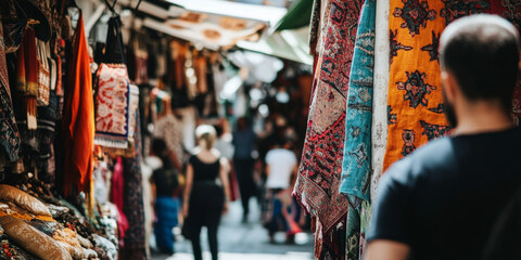 A bustling market street in Istanbul, with vibrant textiles hanging from stalls, the aroma of spices and freshly baked bread, and the sounds of lively chatter. The rich and cultural scene feels