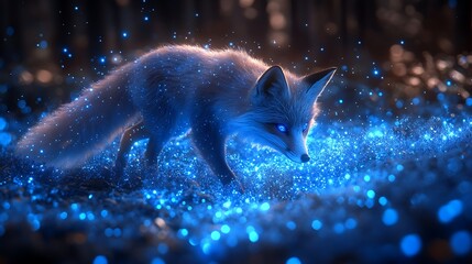 A celestial fox walking through a radiant starry field of blue particles