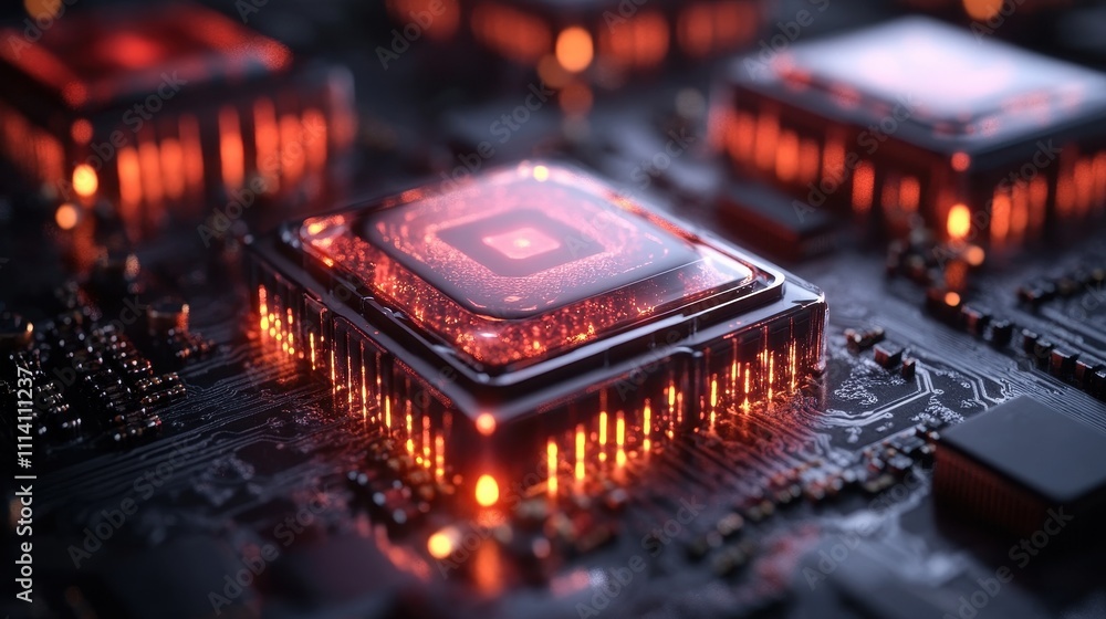 Poster conceptualized quantum computing chips glowing with energy in a dark, futuristic environment