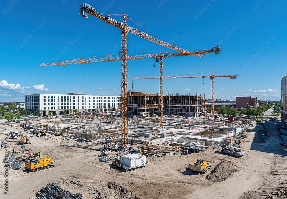 Poster aerial view of a large construction site with multiple cranes, excavators, and the framework of a ne