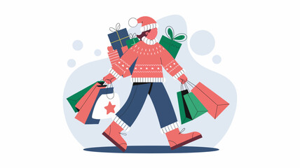 Obraz premium A cheerful person wearing a cozy winter outfit, carrying multiple shopping bags filled with wrapped Christmas gifts.
