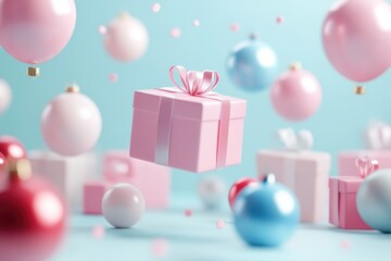 Fototapeta premium Pink gift box floating among christmas ornaments on pastel blue background