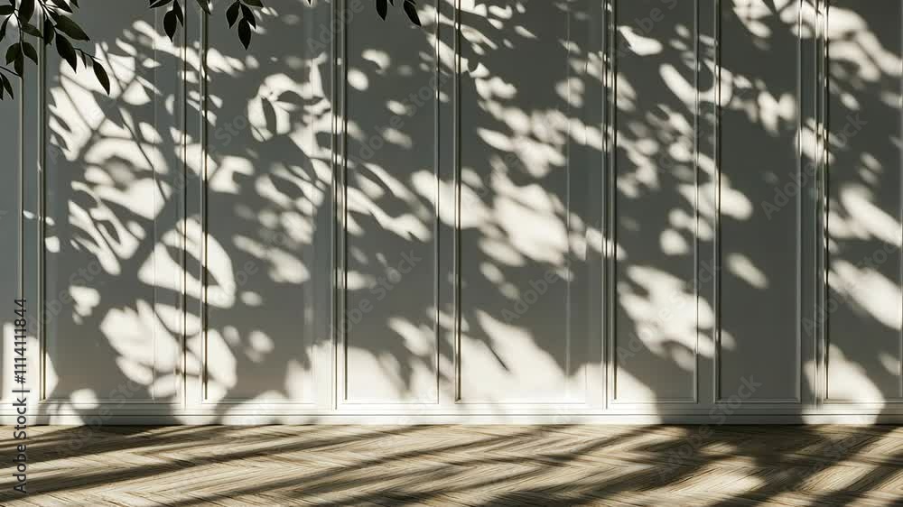 Poster shadows of leaves create intricate patterns on a textured wall during the afternoon light