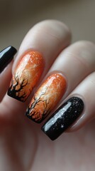 Design a classic Halloween nail art featuring an ombre effect that transitions smoothly from pumpkin orange at the base to midnight black at the tips.