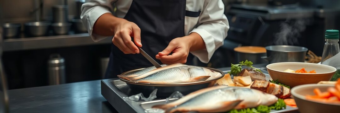 Chinese chef expertly prepares fresh fish in a bustling restaurant kitchen, showcasing traditional Asian culinary techniques and a dedication to quality ingredients, traditional, dedication