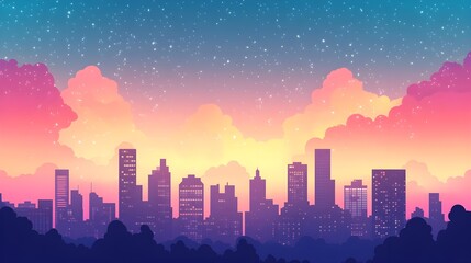 Fototapeta premium Anime aesthetic background, city skyline, pink and blue sky with clouds, light purple sky.