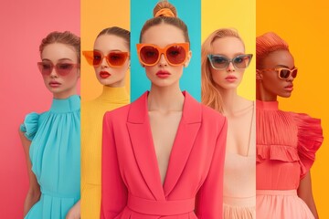 Fashion models showing colorful sunglasses and clothes