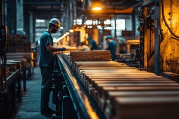 Fototapeta premium Efficient Assembly Line in Furniture Manufacturing Facility Under Warm Lighting