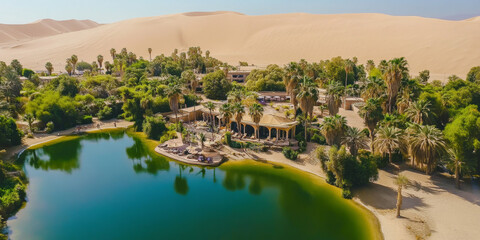 A dramatic desert oasis with crystal-clear water, lush green palm trees, and golden dunes stretching endlessly in the background. The remote and tranquil setting feels like a hidden paradise.