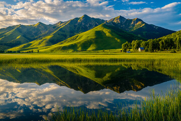 Fototapeta premium Stunning green hills surround a serene lake with a perfect reflection of the landscape of the land.