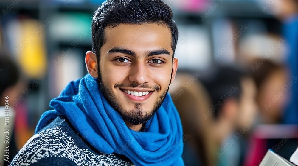 Poster smiling young man in university library symbolizing learning and progress