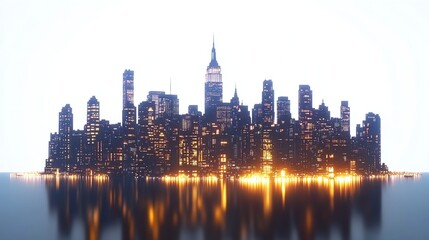 Obraz premium Chicago skyline at night showcasing illuminated buildings, with a white background. Concept of urban nightscape and city lights