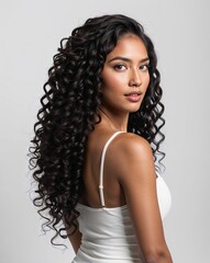 Beautiful Latina woman with long curly hair- hair model photography