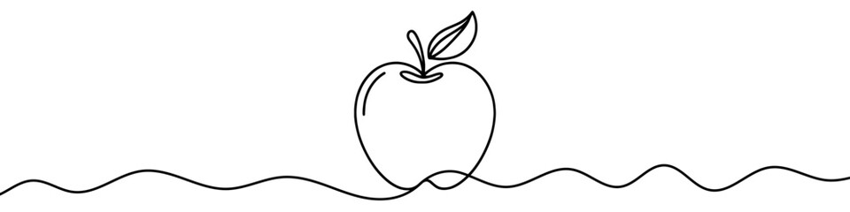 One continuous line illustration of an apple, isolated on white background. Line art of apple.