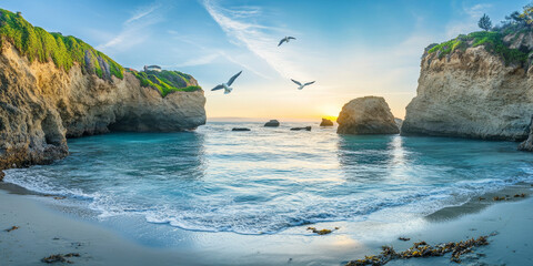 A serene beach cove at dawn, with crystal-clear water, rugged cliffs, and seagulls flying overhead as the sun rises. The peaceful and untouched setting feels like a hidden gem.