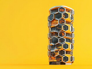 Skyscraper with honeycombshaped windows, standing on a vibrant yellow background, 3D illustration