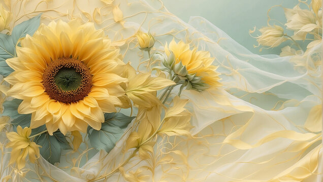artistic 3D sunflowers over veil , romantic floral art