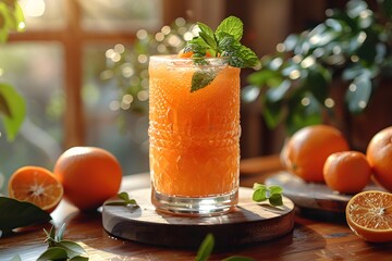 Fototapeta premium Refreshing Citrus Beverage with Fresh Oranges and Mint Garnish in Sunlit Kitchen
