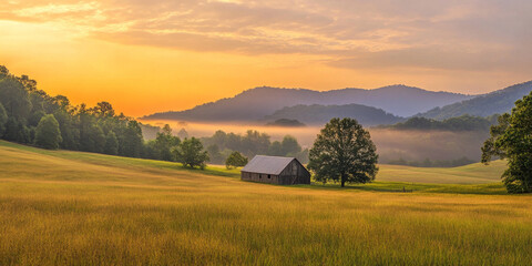 Obraz premium A serene sunrise over a rolling countryside, with golden fields stretching to the horizon, a small barn nestled among the hills, and the sound of birds greeting the day. The peaceful and pastoral