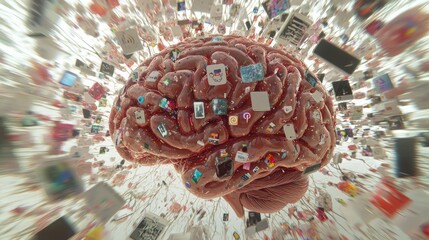 Digital Overload: Brain Rot Abstract Concept Art with Social Media Icons and Video Clips Representing Chaotic Digital Distractions