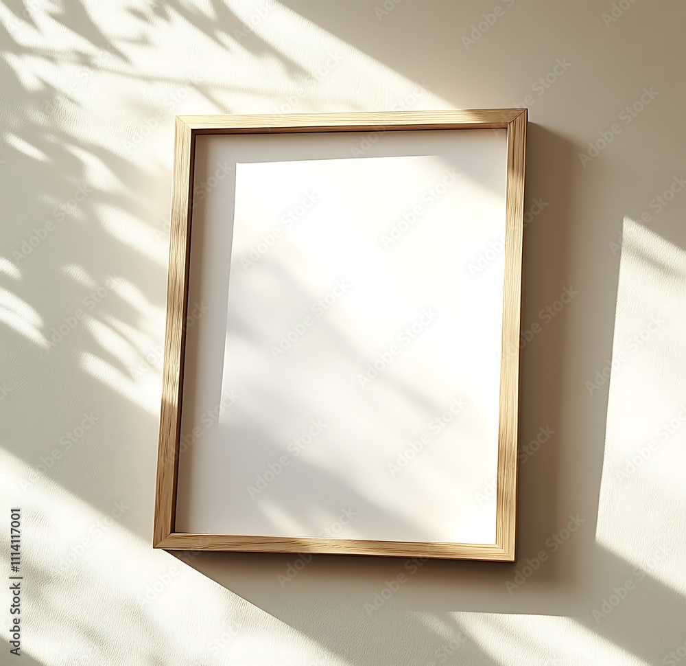 Fototapete A simple wooden frame with a blank canvas is illuminated by soft sunlight, casting gentle shadows on a light-colored wall.