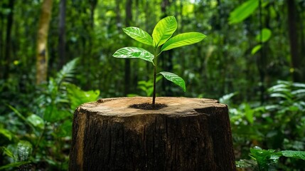 Thriving Green Sapling Growing from a Tree Stump in a Dense Forest,Symbolizing Hope and