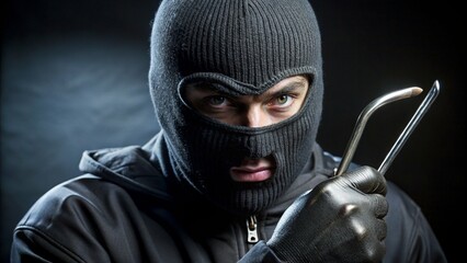 Masked burglar wearing black gloves holds a crowbar, symbolizing crime, break-ins, and security threats. His intense gaze and dark clothing create a suspenseful, intimidating, and stealthy atmosphere