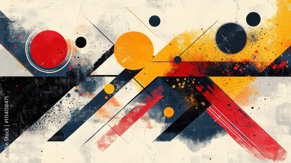 Aufkleber bold geometric abstract artwork with circles, triangles, and lines in vibrant colors and dynamic pat