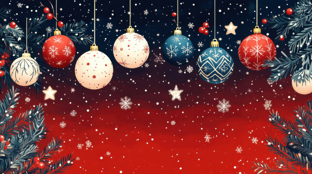 Christmas background with a red color scheme and decorations, in a flat design 