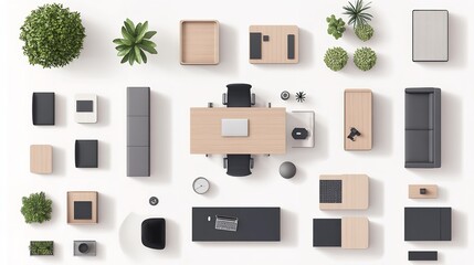 a top view of a furniture set, including a sofa, chairs, and a coffee table, all designed in a Scandinavian style with clean lines.